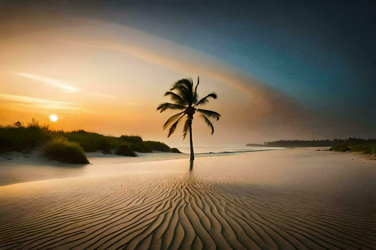 de palm boom Aan de strand Bij zonsondergang. ai-gegenereerd foto