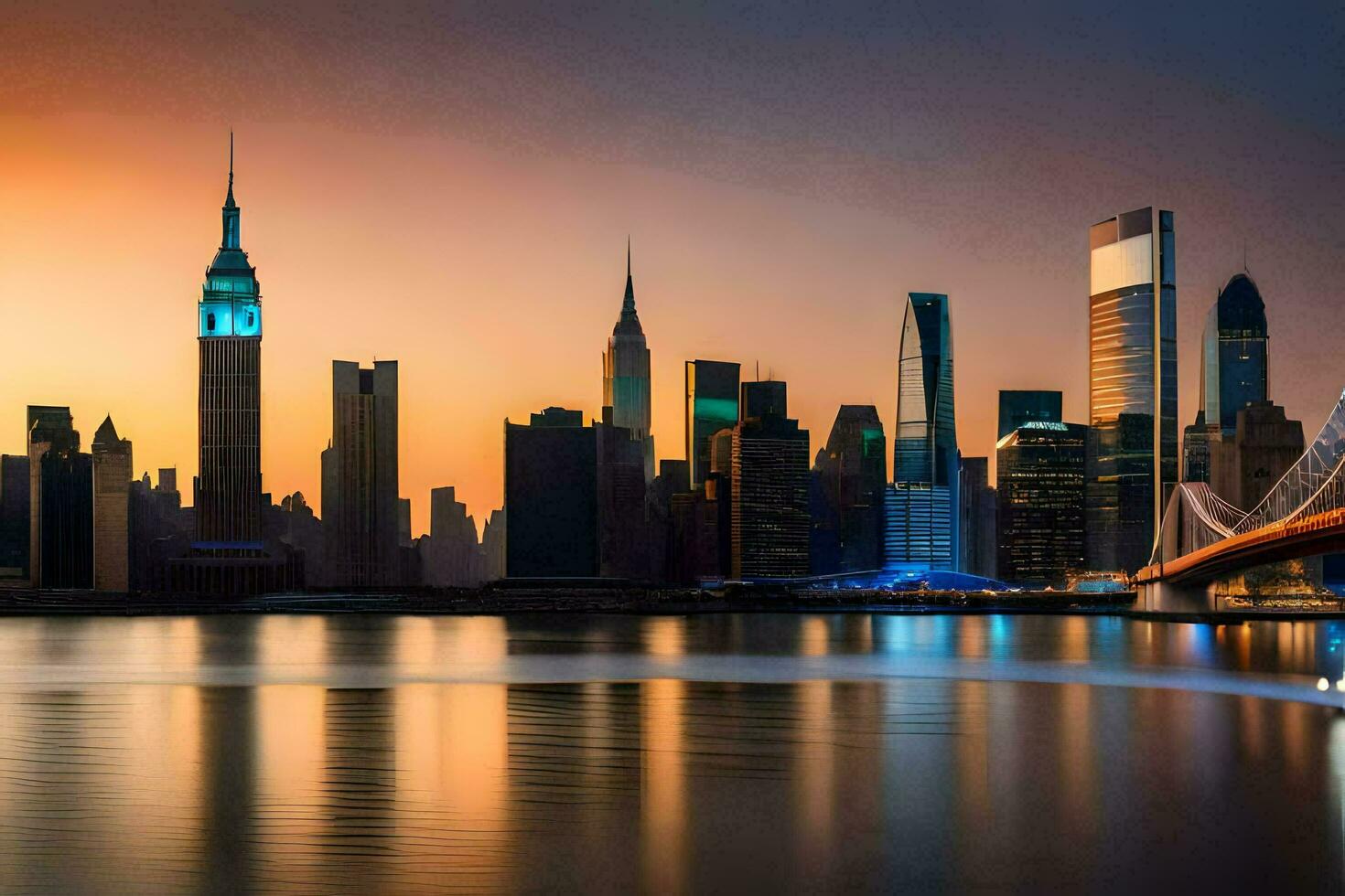 de horizon van nieuw york stad Bij zonsondergang. ai-gegenereerd foto