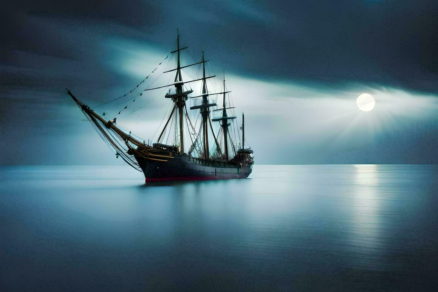 een het zeilen schip in de oceaan Bij nacht. ai-gegenereerd foto