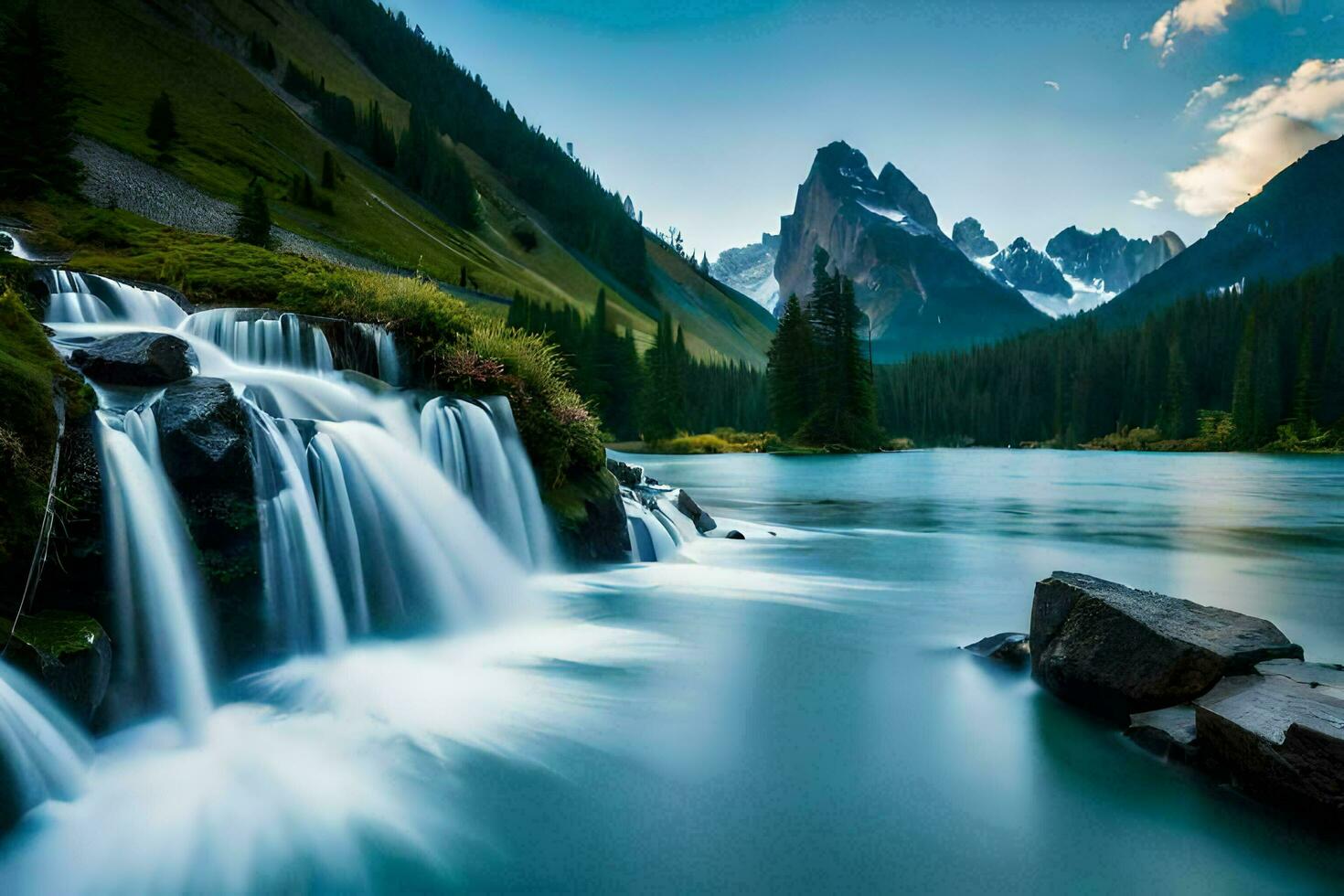 een waterval stromen over- rotsen in de midden- van een rivier. ai-gegenereerd foto