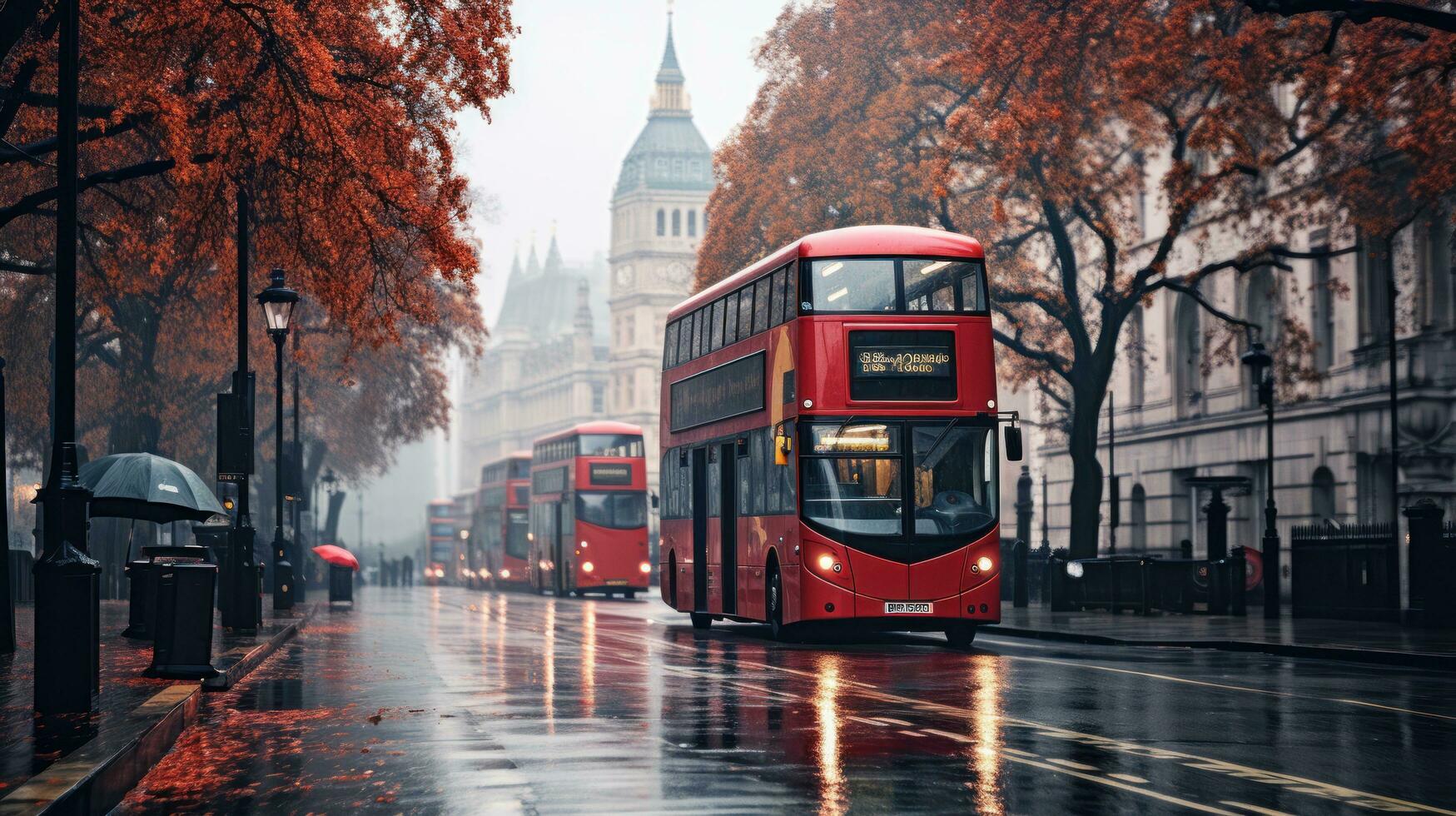 Londen straat met rood bus in regenachtig dag schetsen illustratie foto