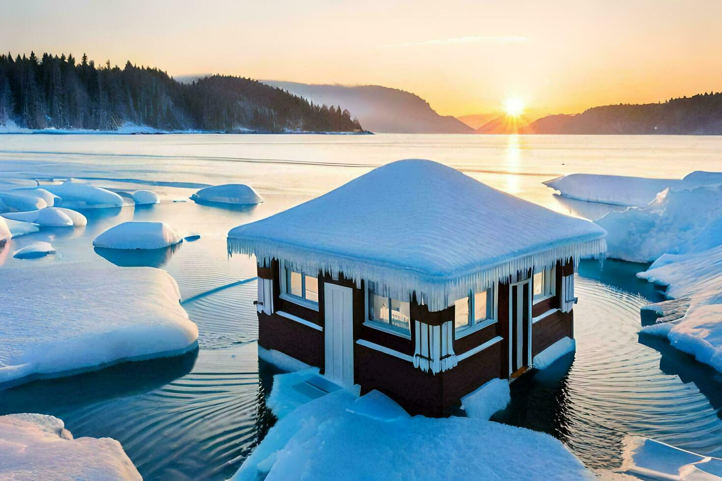 een klein huis zit Aan top van een ijs gedekt meer. ai-gegenereerd foto
