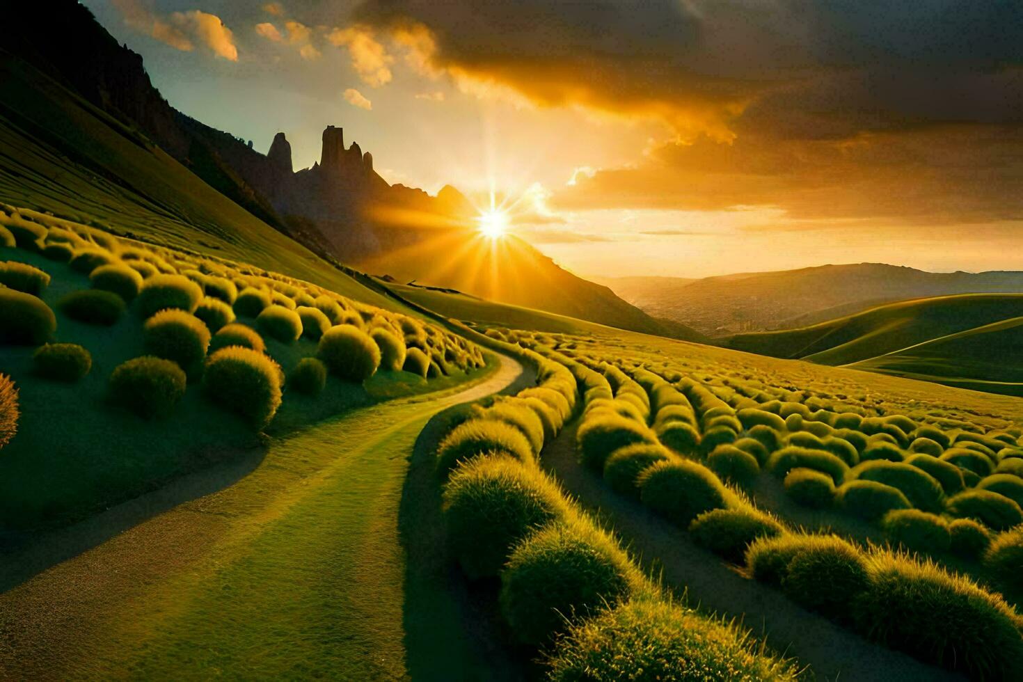 de zon sets over- een met gras begroeid veld. ai-gegenereerd foto