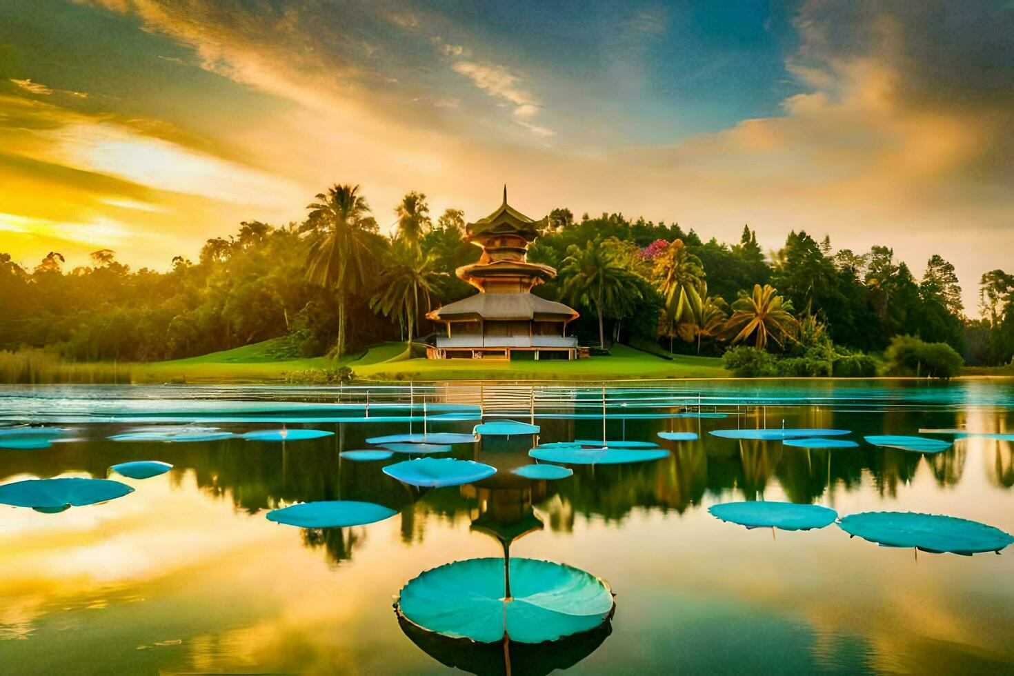 de tempel in de midden- van de meer. ai-gegenereerd foto