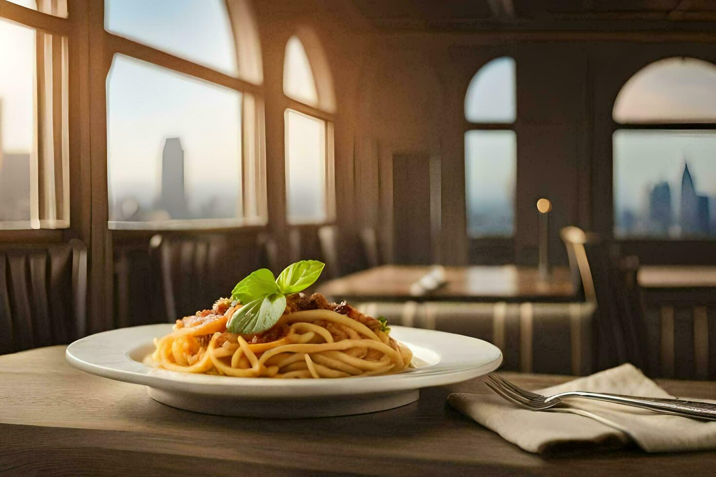 een bord van spaghetti met tomaat saus en basilicum bladeren Aan een tafel in een restaurant. ai-gegenereerd foto