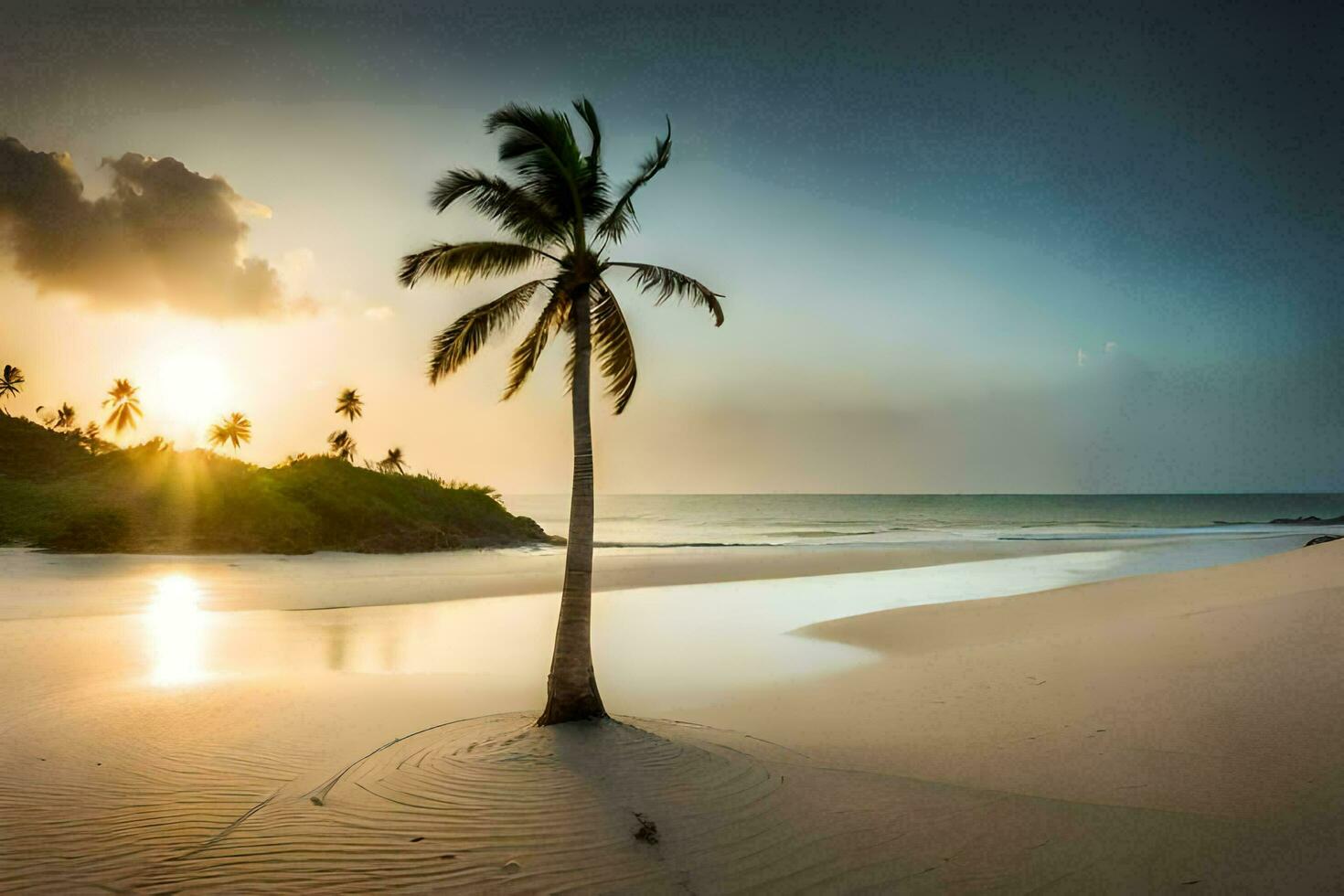 de zon sets Aan de strand in de achtergrond. ai-gegenereerd foto