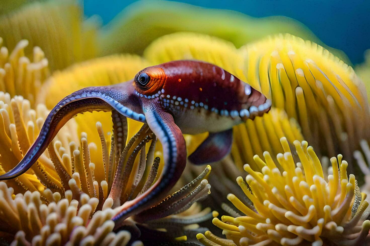 een Octopus is zittend Aan top van sommige koraal. ai-gegenereerd foto