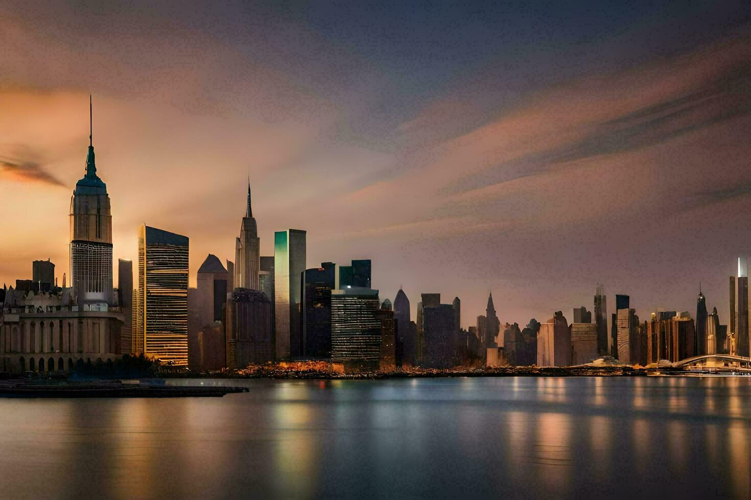 de stad horizon Bij zonsondergang in nieuw york. ai-gegenereerd foto