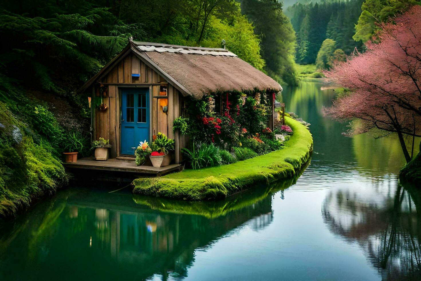 een klein cabine zit Aan de kant van een rivier. ai-gegenereerd foto