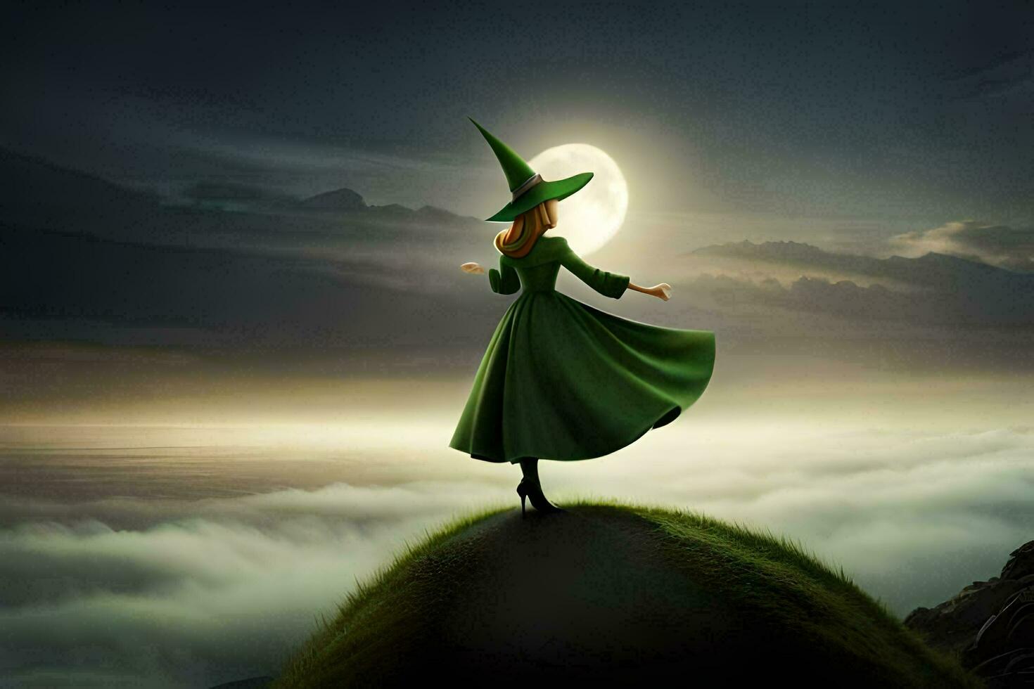 een vrouw in een groen jurk staand Aan top van een heuvel met een vol maan in de achtergrond. ai-gegenereerd foto
