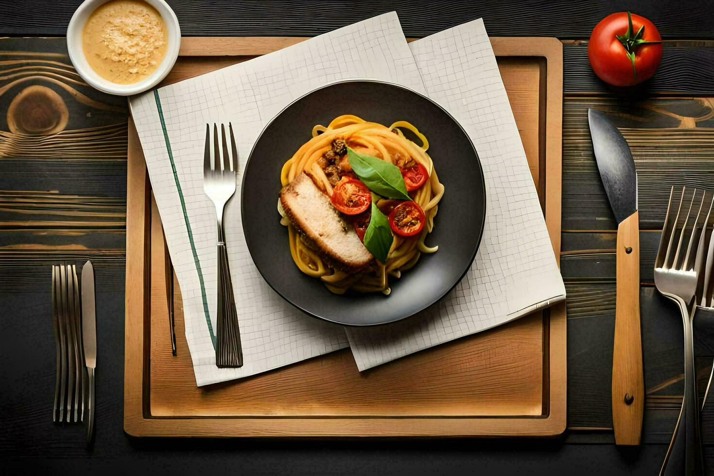 een bord met spaghetti en vlees Aan het, een mes en vork, en een servet. ai-gegenereerd foto