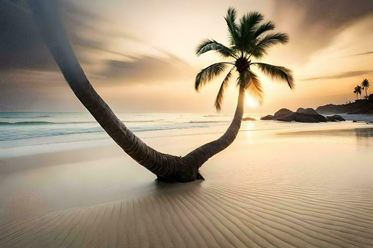 de palm boom Aan de strand Bij zonsondergang. ai-gegenereerd foto