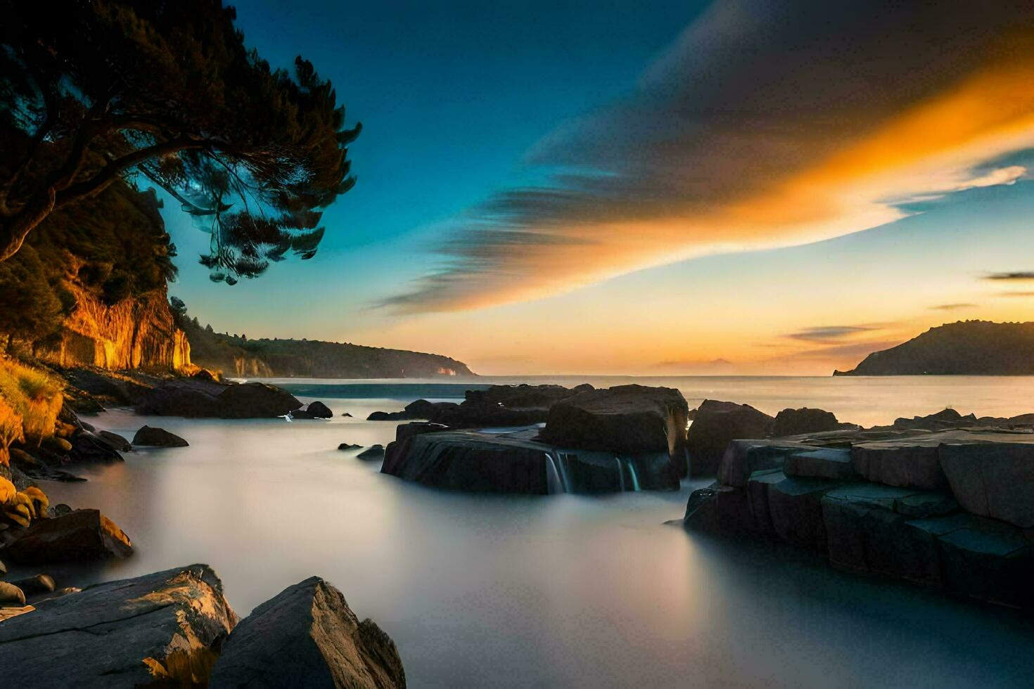 een mooi zonsondergang over- de oceaan met rotsen en bomen. ai-gegenereerd foto