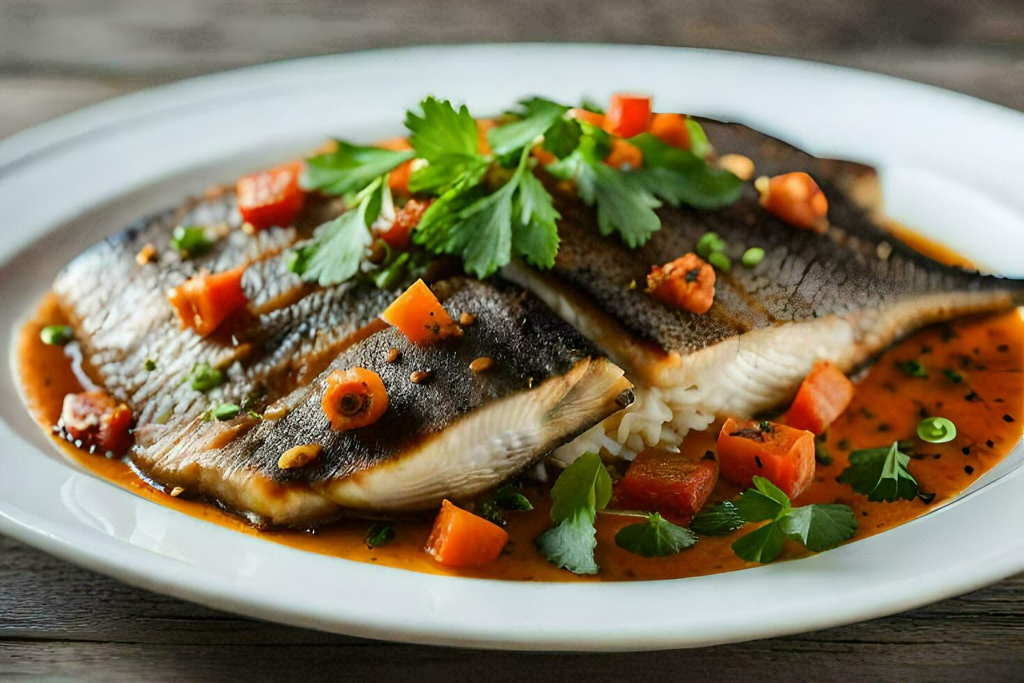 vis met saus en groenten Aan een wit bord. ai-gegenereerd foto