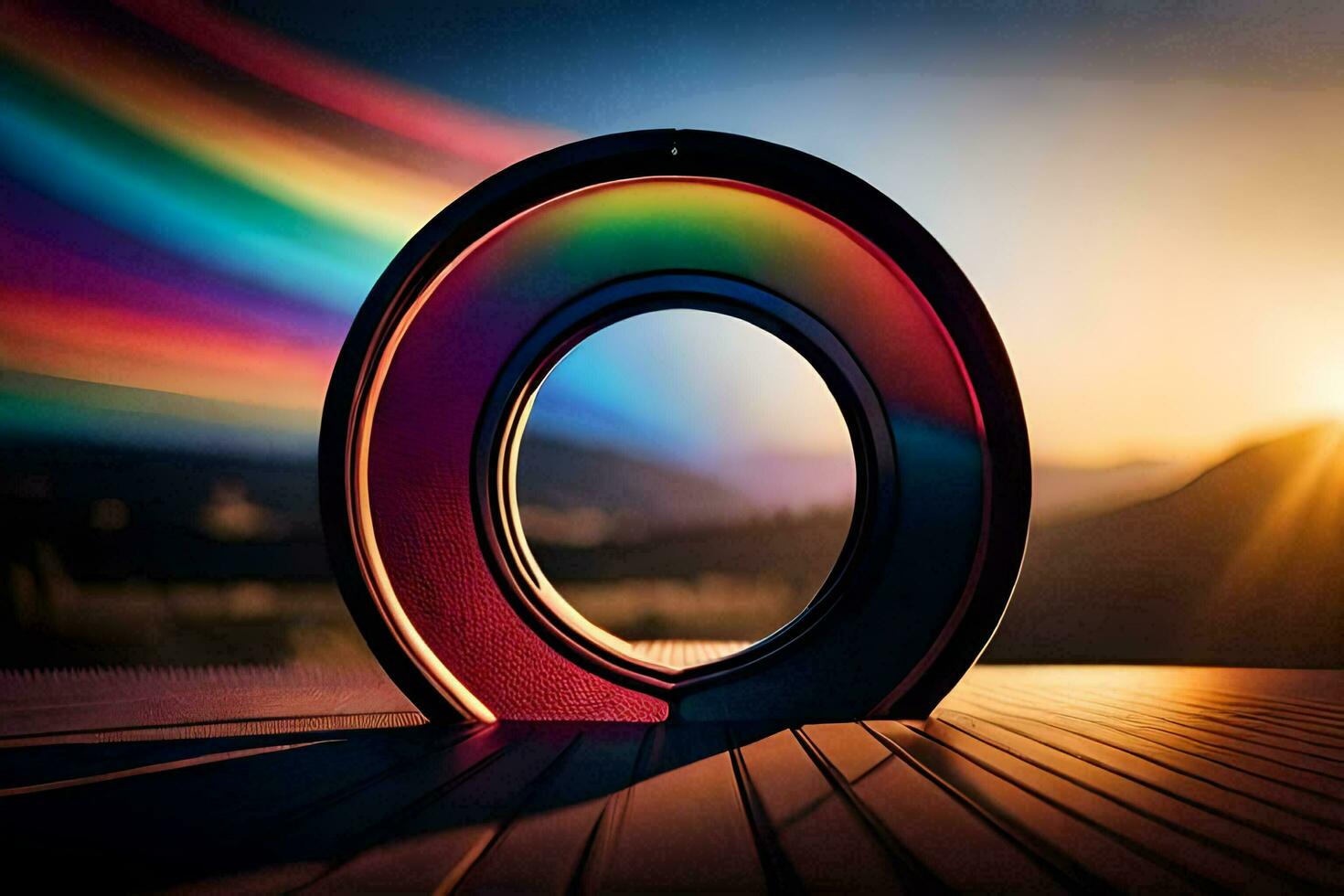 een regenboog gekleurde lens met een zon in de achtergrond. ai-gegenereerd foto