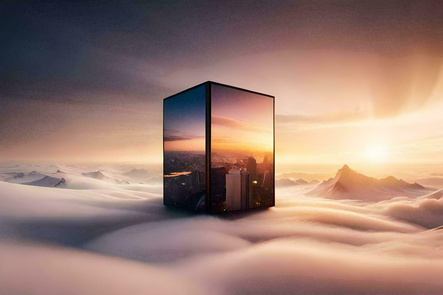 een kubus zittend Aan top van wolken met een visie van de stad. ai-gegenereerd foto