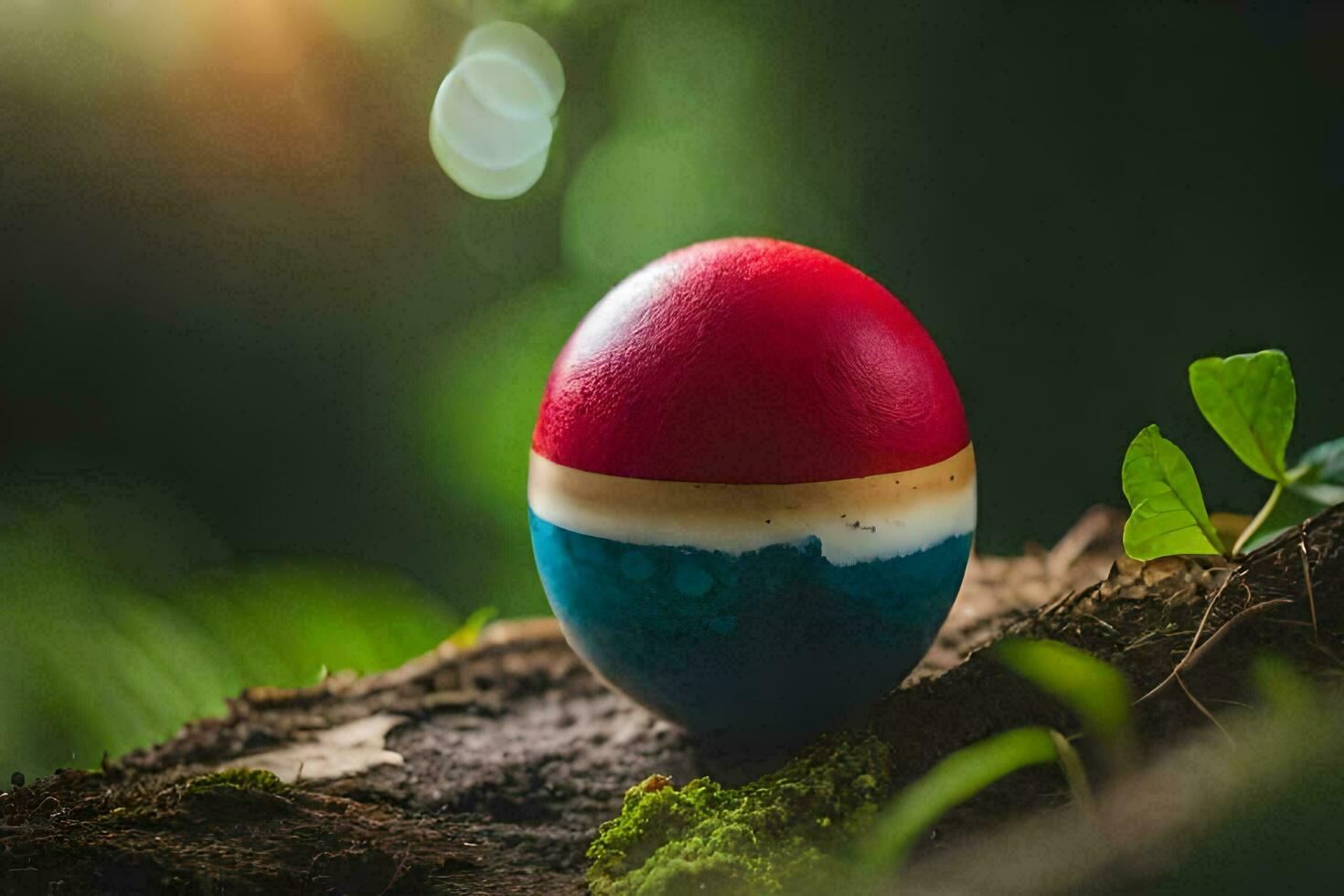 een rood, wit en blauw geschilderd ei zittend Aan een boom stomp. ai-gegenereerd foto