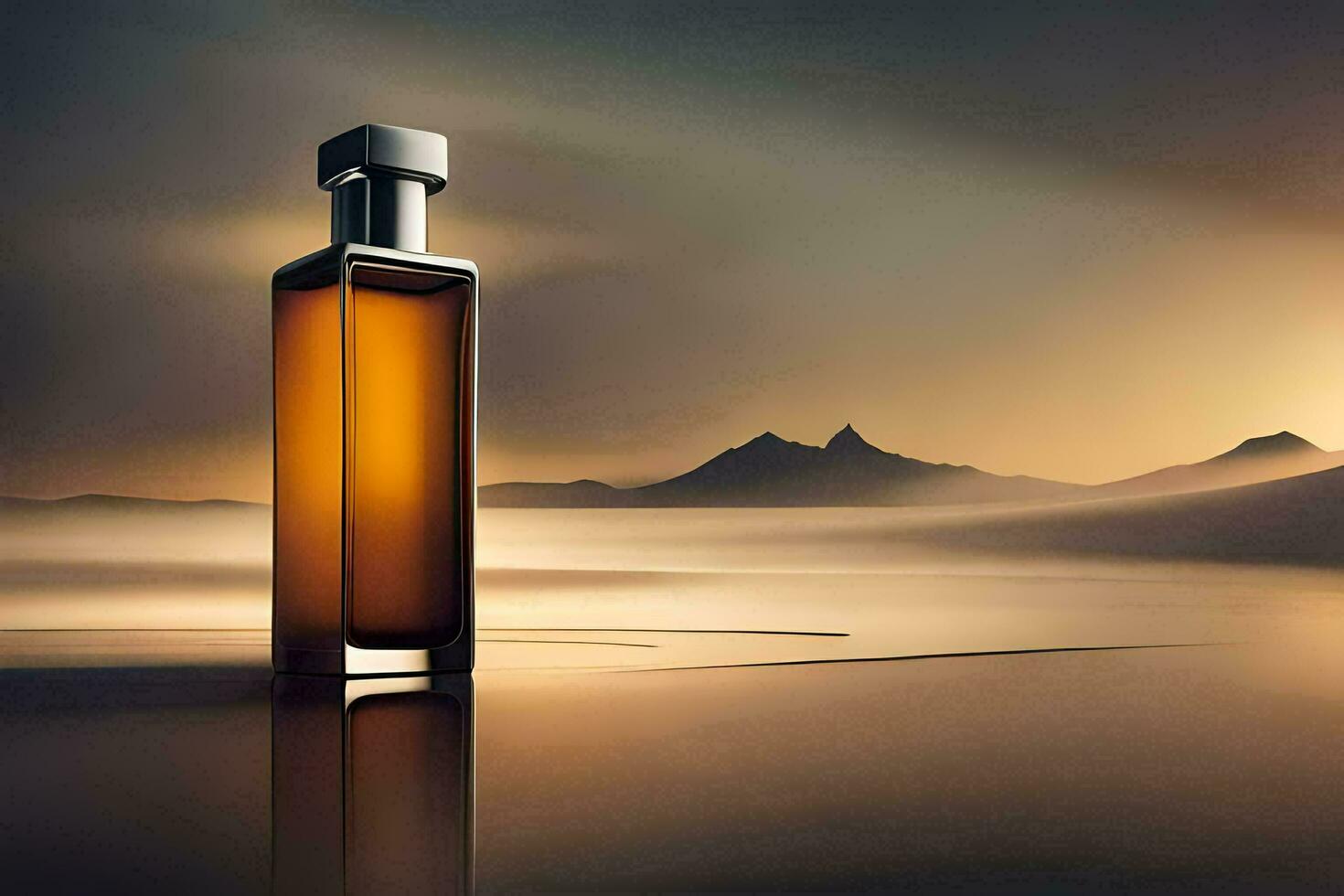 een fles van parfum zittend Aan de strand met bergen in de achtergrond. ai-gegenereerd foto