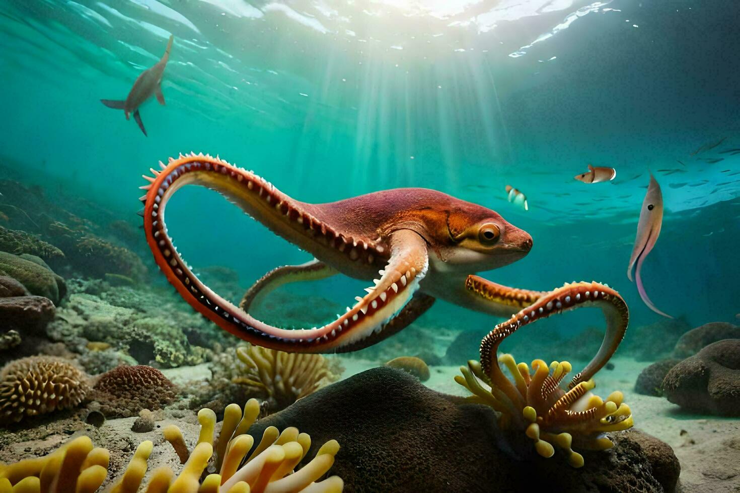 een Octopus zwemmen in de oceaan met koraal. ai-gegenereerd foto