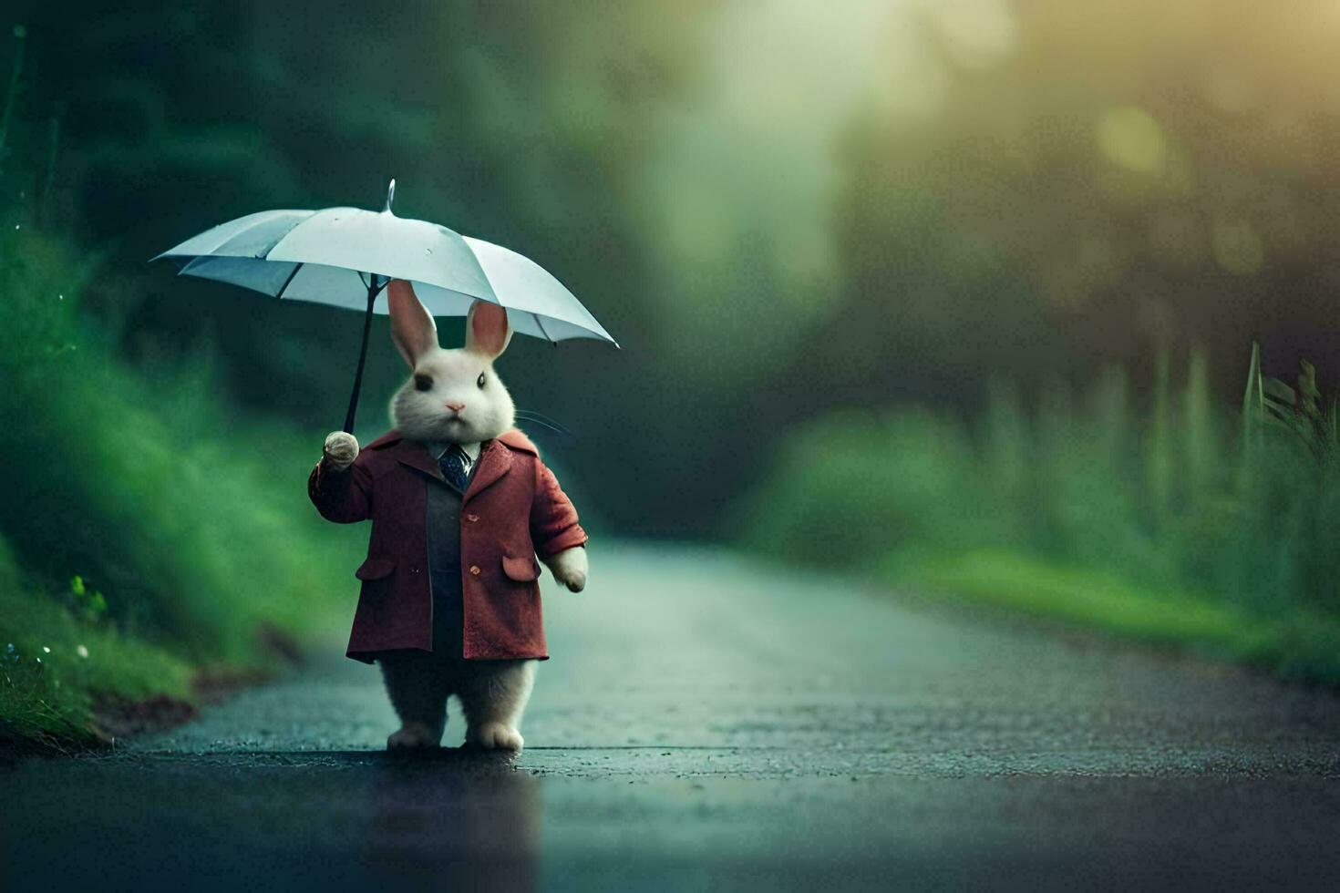 een konijn in een rood jas Holding een paraplu. ai-gegenereerd foto