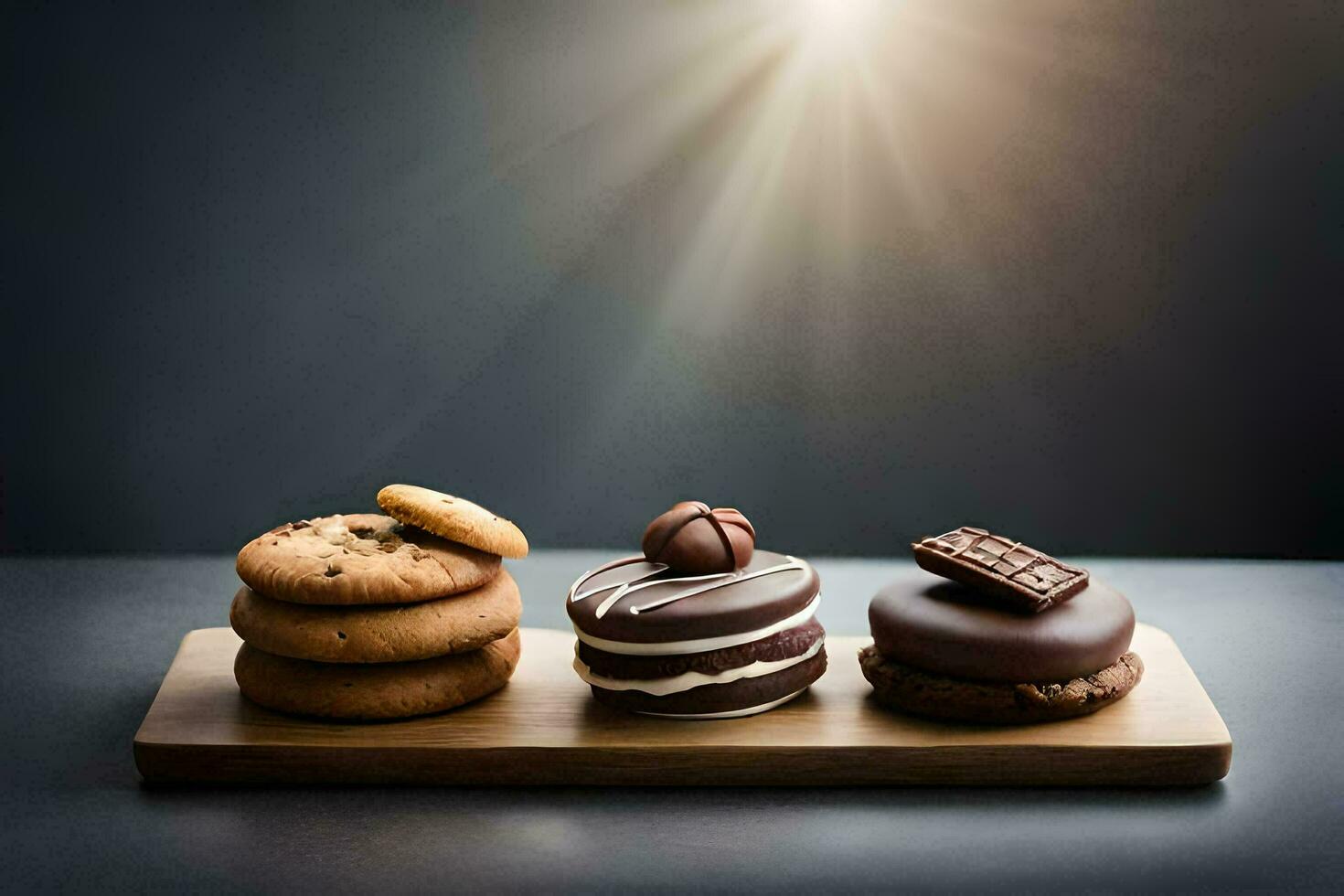 chocola koekjes en andere snoepgoed Aan een houten dienblad. ai-gegenereerd foto