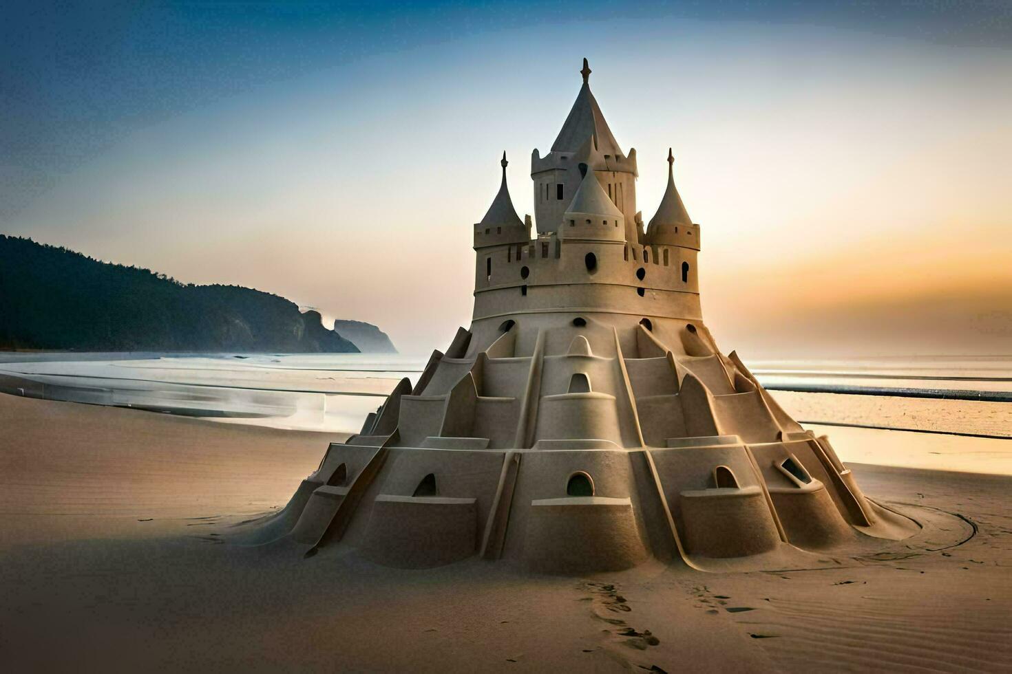 een zand kasteel Aan de strand Bij zonsondergang. ai-gegenereerd foto