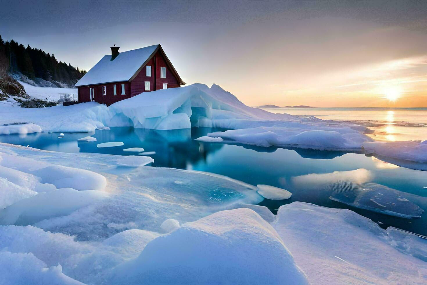 een rood huis zit Aan top van een ijs ijsschots. ai-gegenereerd foto