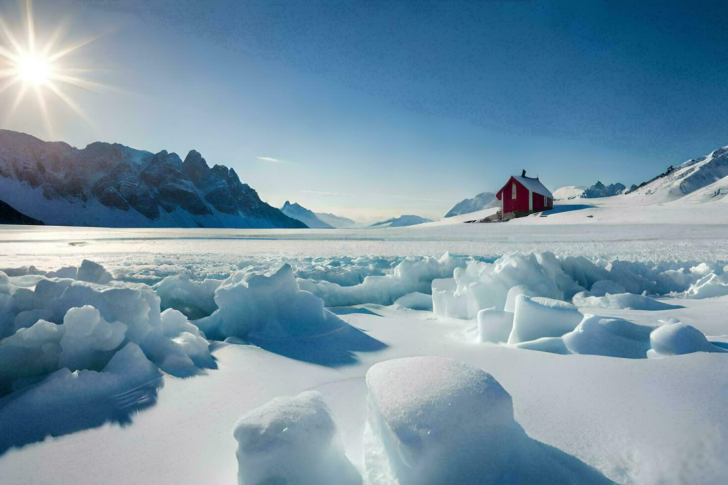 een rood huis zit Aan top van een besneeuwd veld. ai-gegenereerd foto