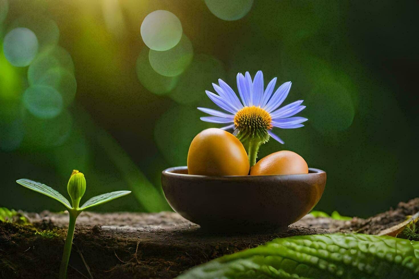 eieren in een kom met een bloem Aan een groen achtergrond. ai-gegenereerd foto