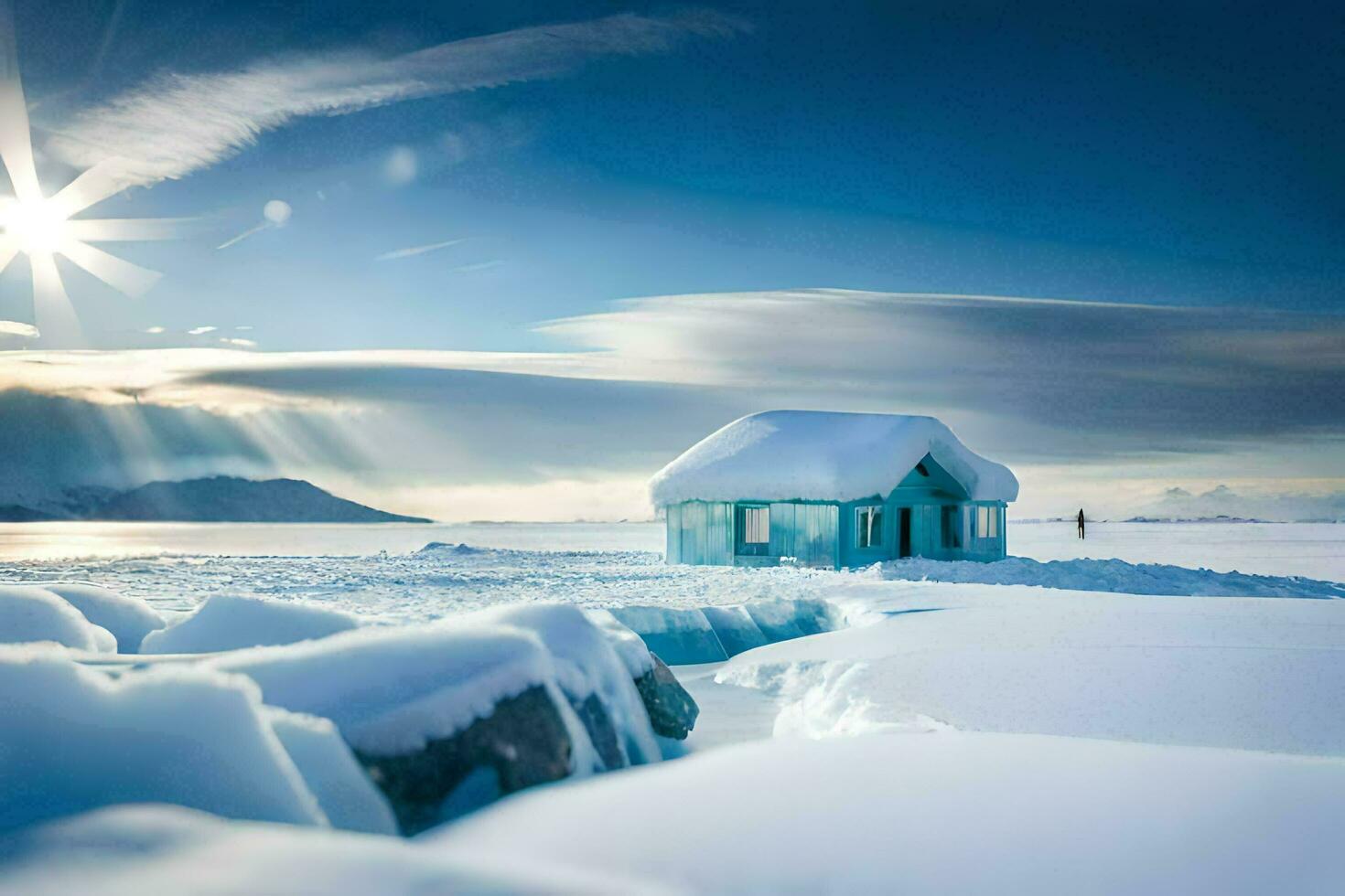 een klein huis zit Aan top van een besneeuwd veld. ai-gegenereerd foto