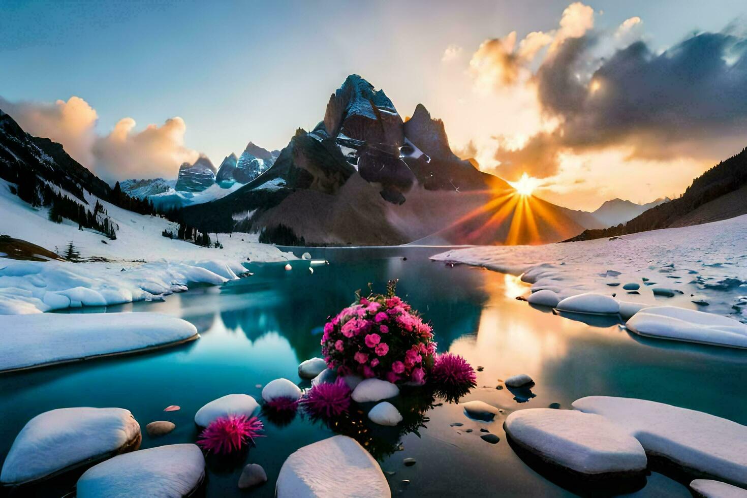 de zon stijgt over- een meer met bloemen en sneeuw. ai-gegenereerd foto