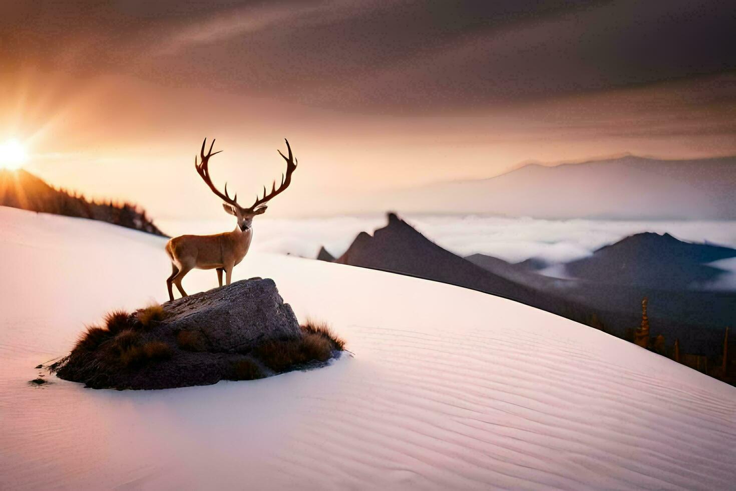 een hert staat Aan top van een berg in de zonsondergang. ai-gegenereerd foto