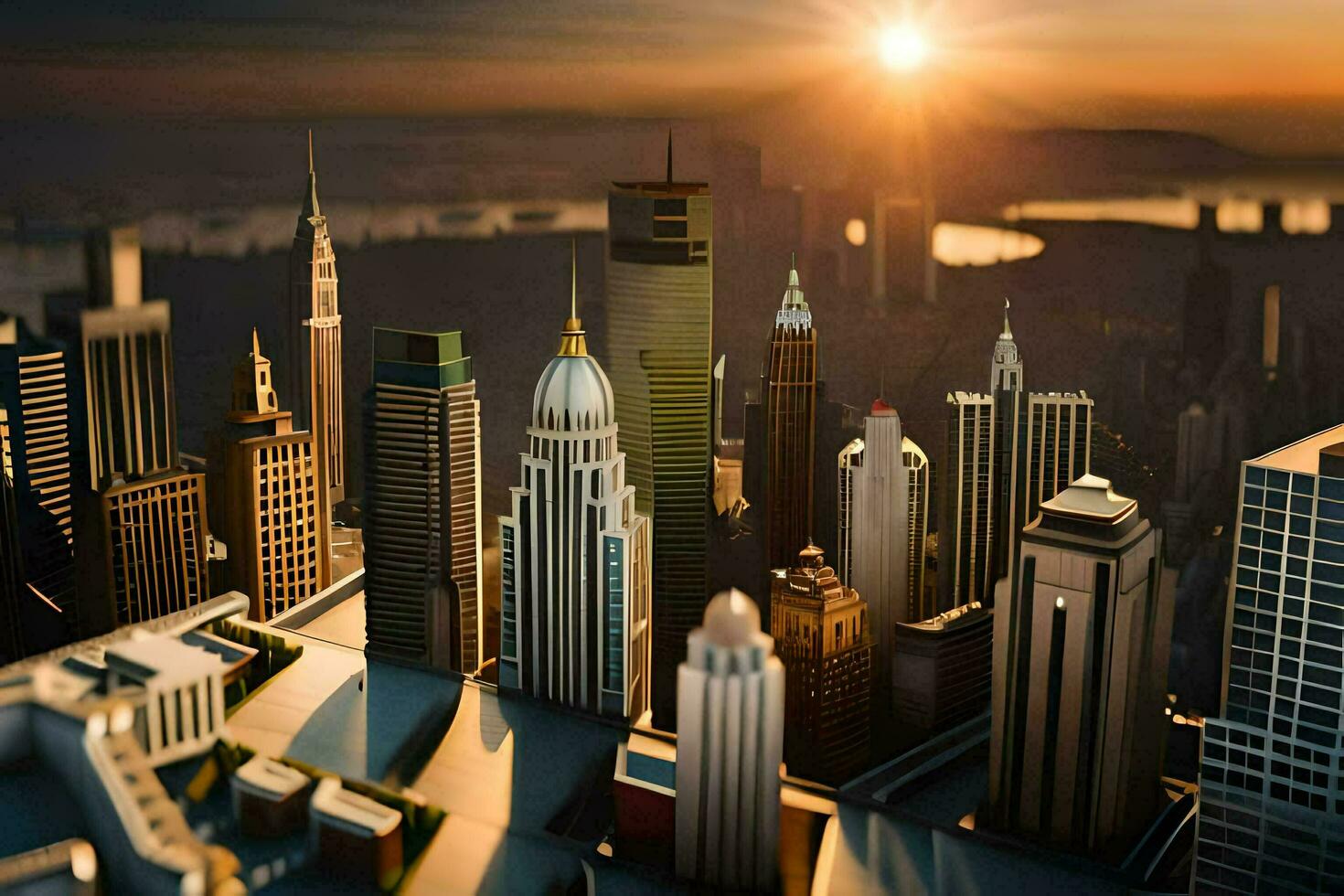 een stad met hoog gebouwen en een zon instelling. ai-gegenereerd foto