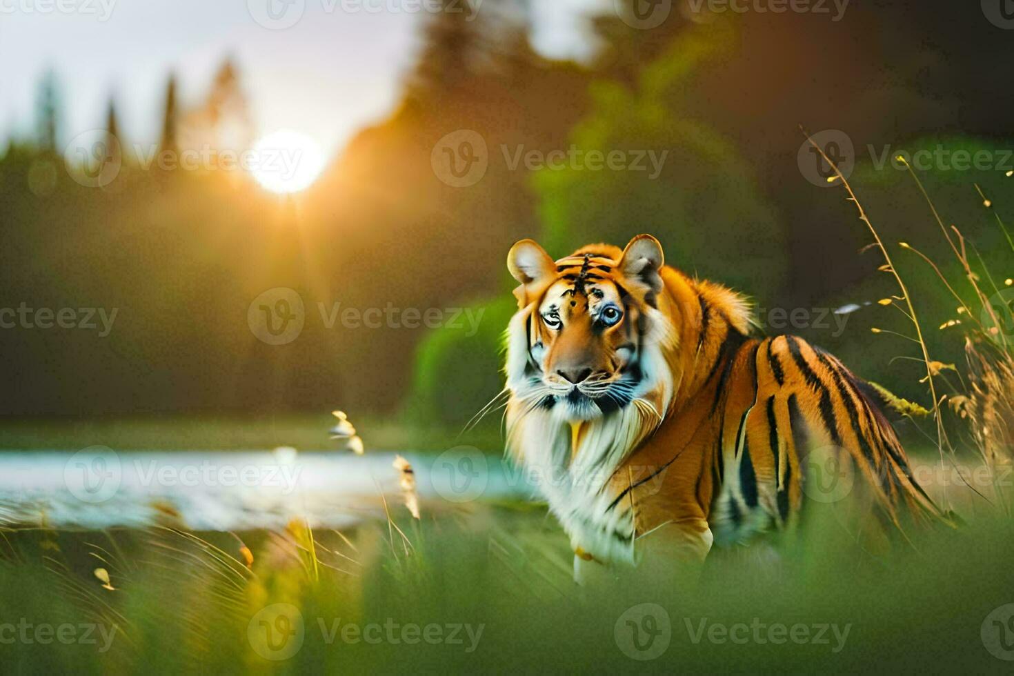 een tijger is staand in de gras in de buurt een meer. ai-gegenereerd foto