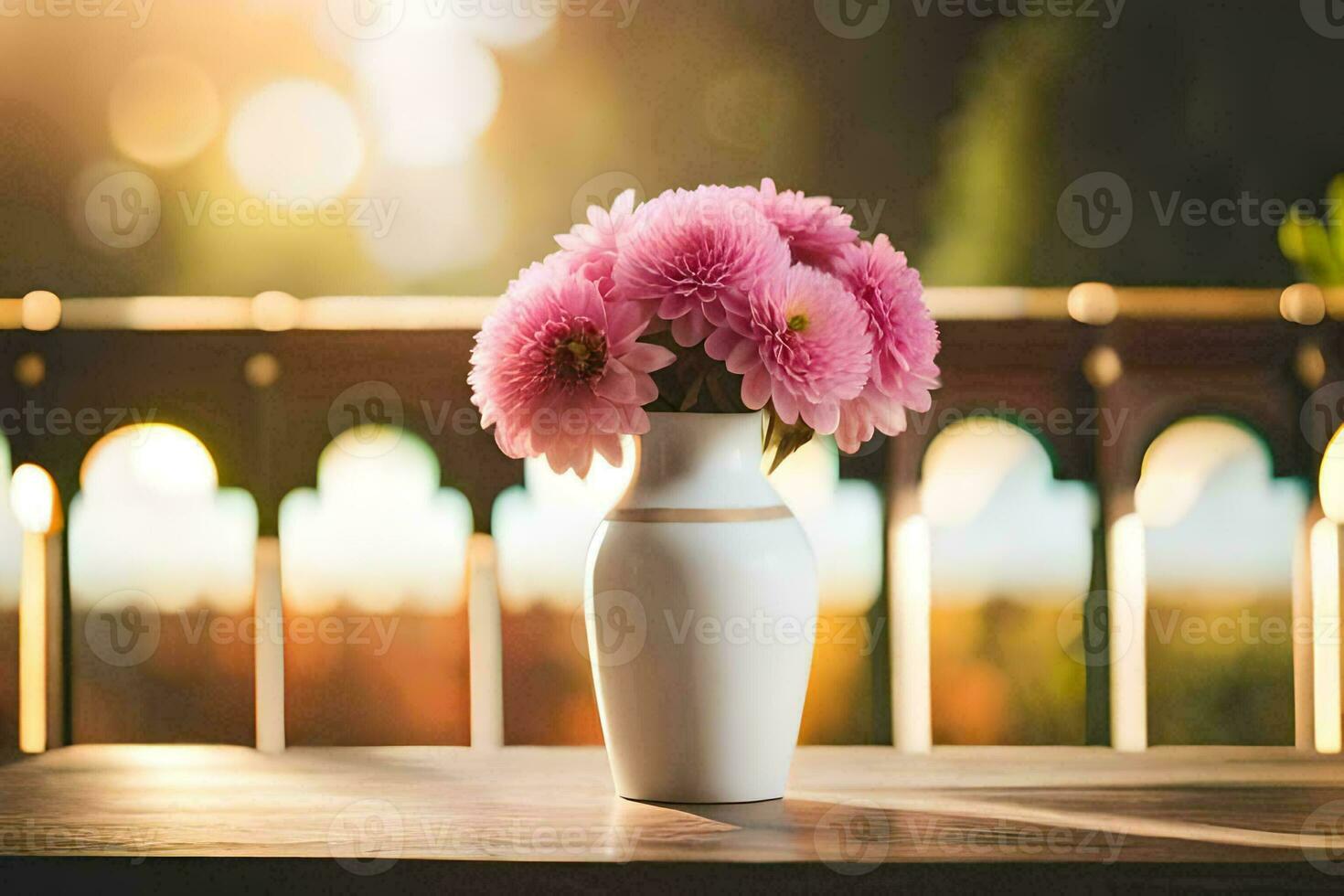 roze bloemen in een vaas Aan een tafel. ai-gegenereerd foto