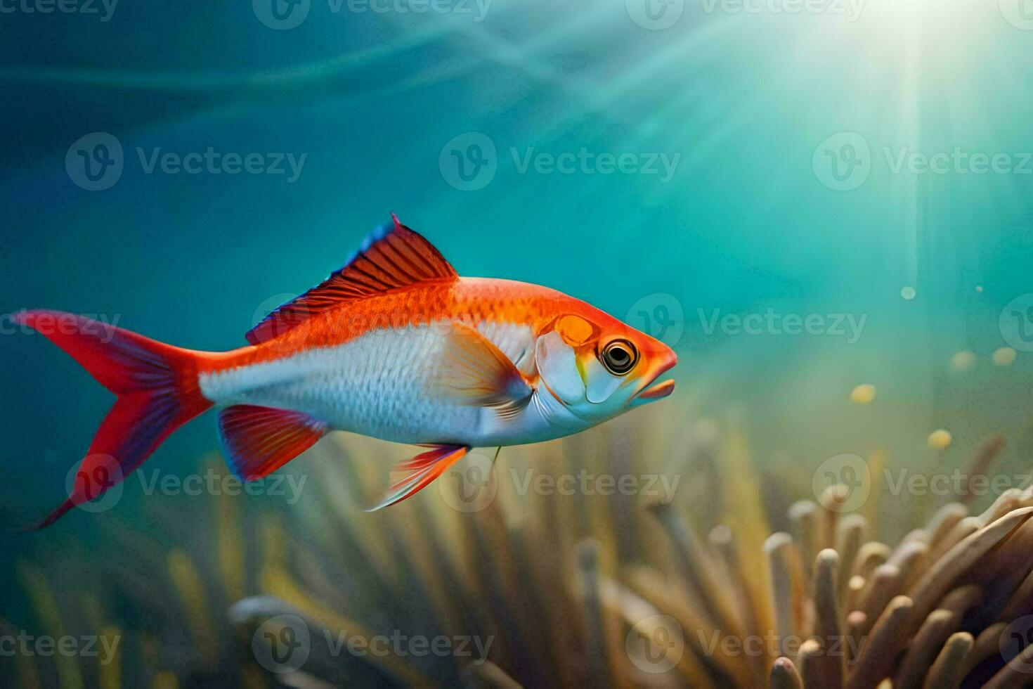 een vis zwemmen in de oceaan met zonlicht schijnt. ai-gegenereerd foto