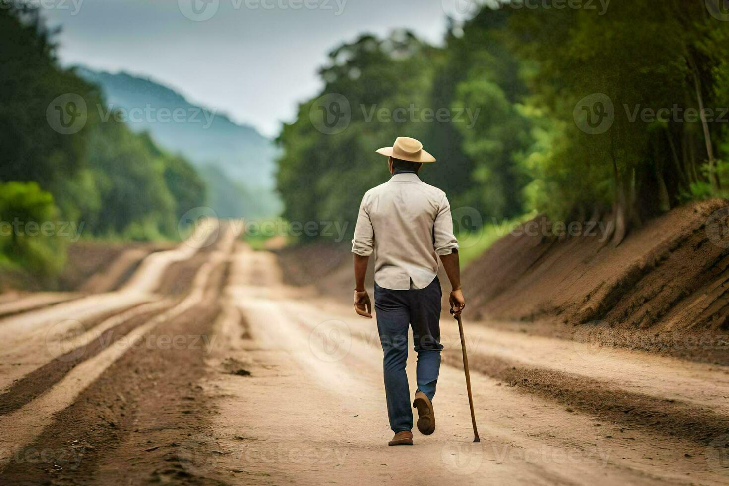 een Mens wandelen naar beneden een aarde weg met een riet. ai-gegenereerd foto