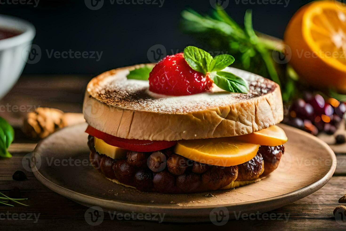 een belegd broodje met fruit en noten Aan een bord. ai-gegenereerd foto