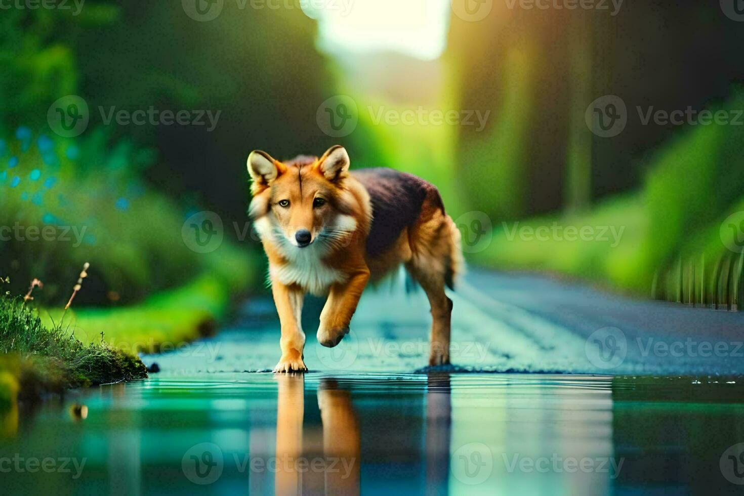 foto behang de weg, hond, water, reflectie, de Woud, de weg, de Woud. ai-gegenereerd