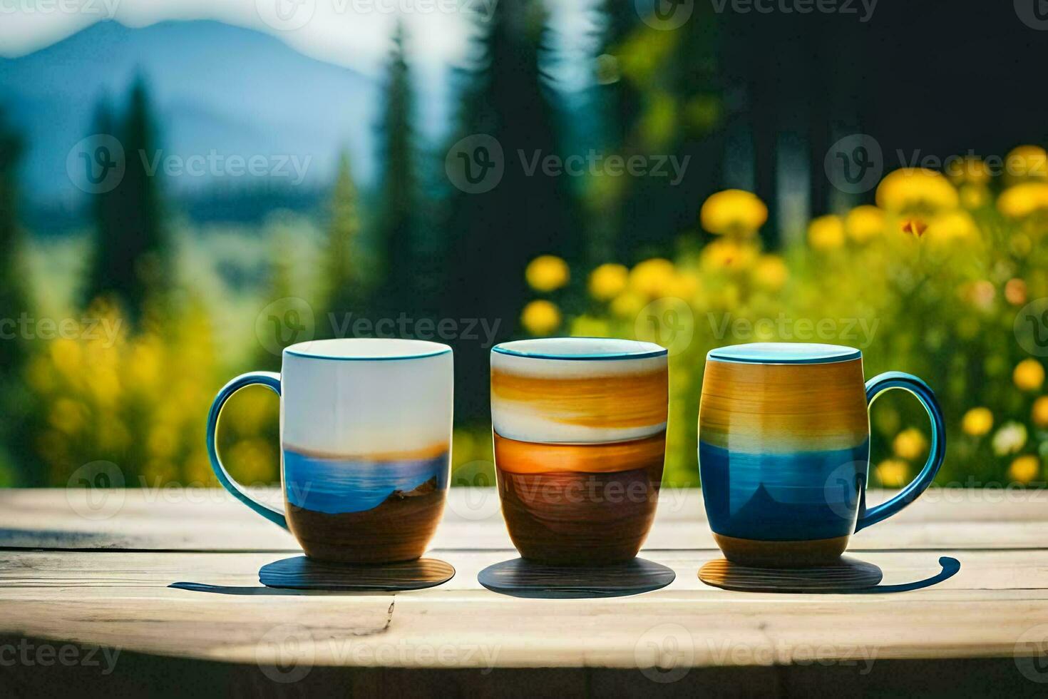 drie koffie mokken Aan een houten tafel. ai-gegenereerd foto