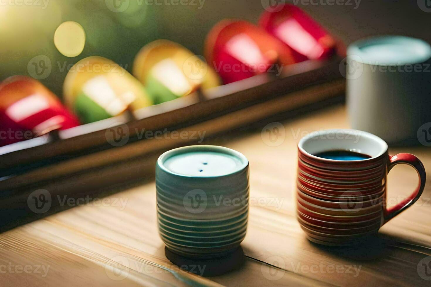 twee koffie cups zitten Aan een tafel De volgende naar een houten dienblad. ai-gegenereerd foto