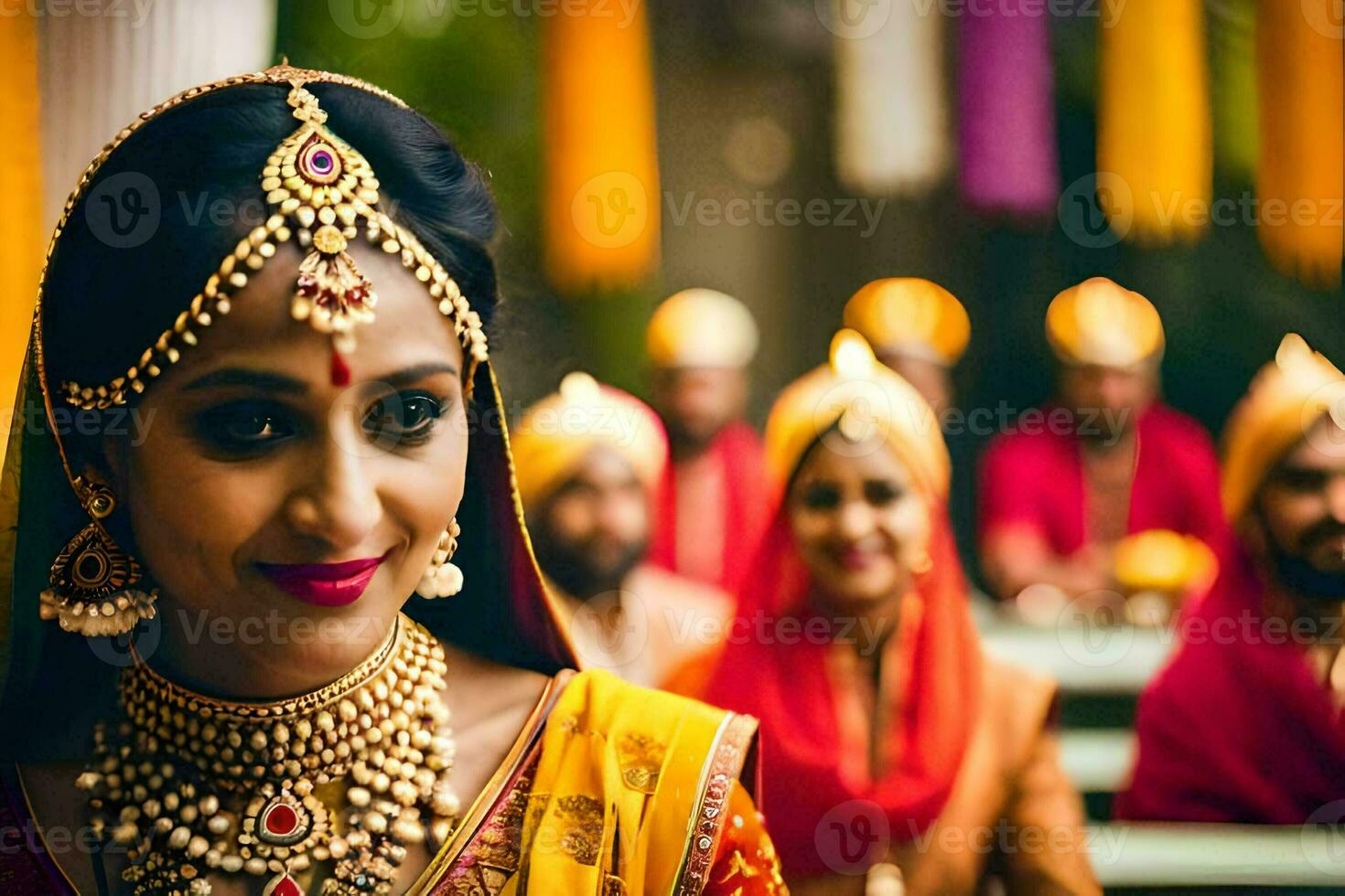 Indisch bruid in traditioneel kleding met haar bruidsmeisjes. ai-gegenereerd foto