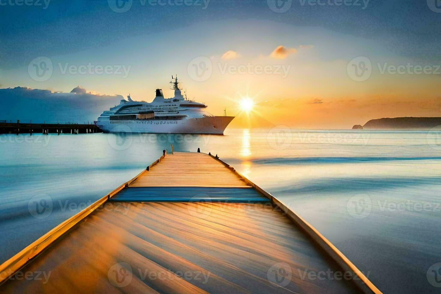 een reis schip in de oceaan Bij zonsondergang. ai-gegenereerd foto