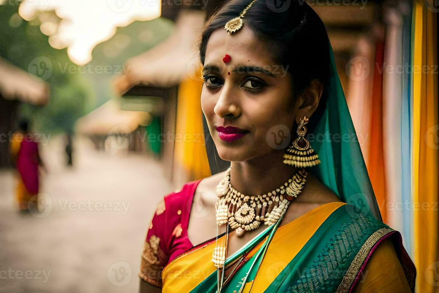 een vrouw in traditioneel sari poses voor een portret. ai-gegenereerd foto