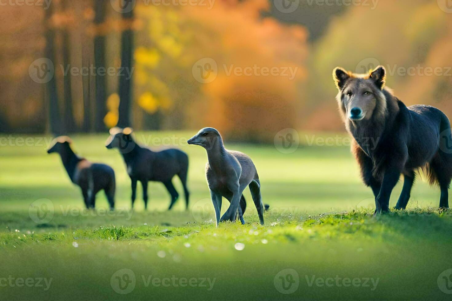 een wolf en een lam zijn staand in de gras. ai-gegenereerd foto