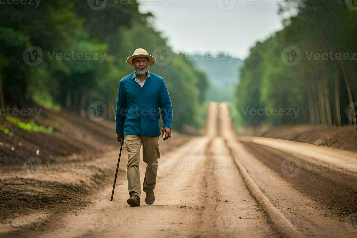 een oud Mens wandelen naar beneden een aarde weg. ai-gegenereerd foto