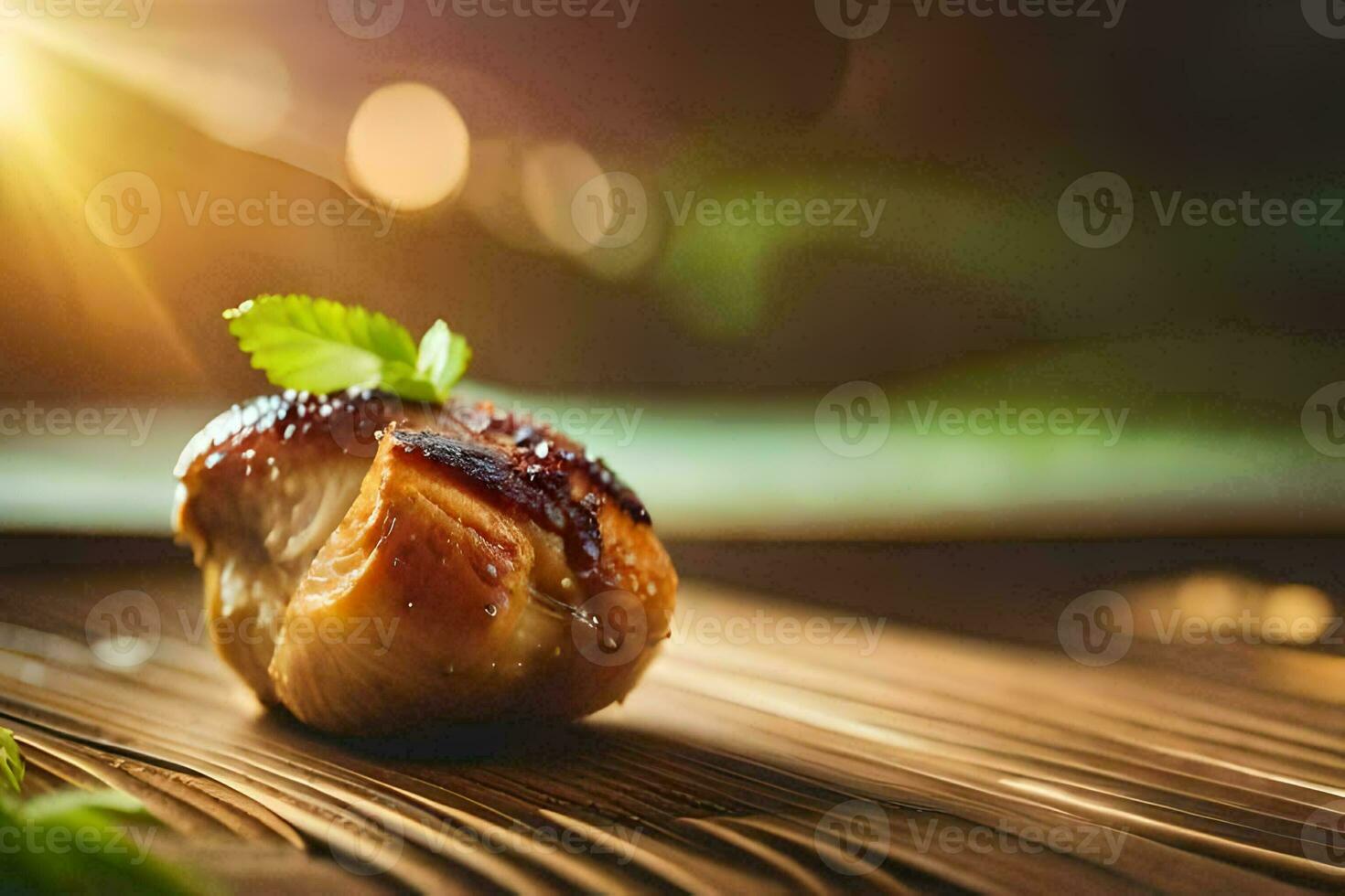 een klein stuk van voedsel zittend Aan top van een houten tafel. ai-gegenereerd foto