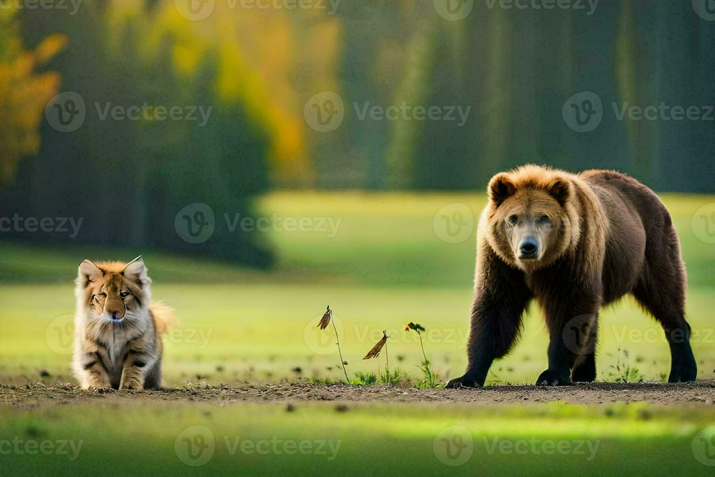 een bruin beer en een vos wandelen in de veld. ai-gegenereerd foto