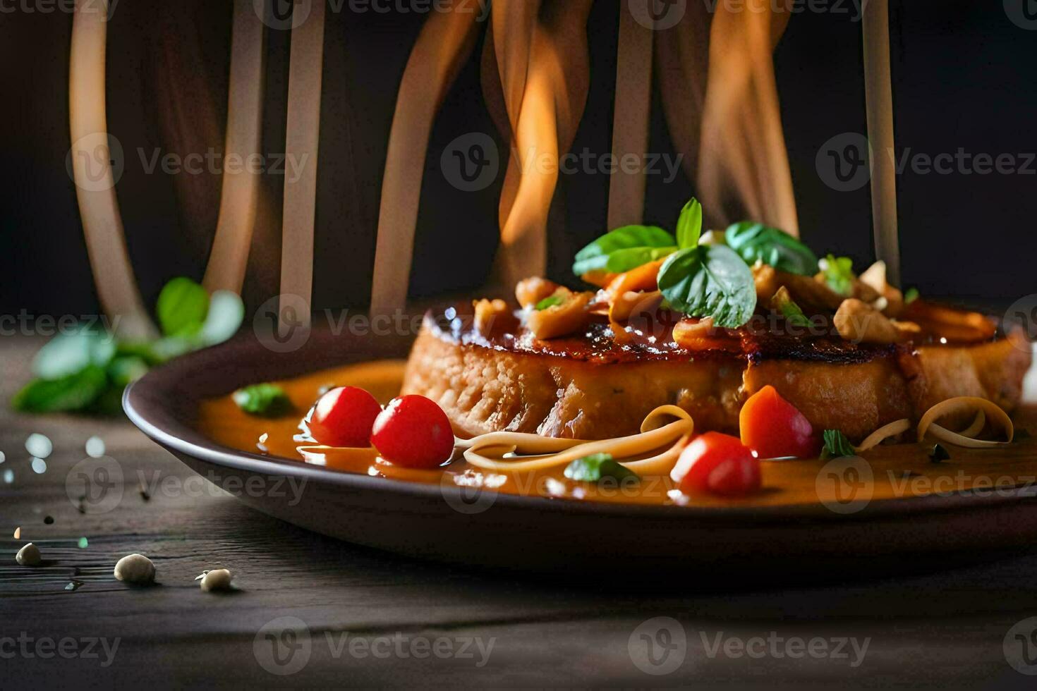 een bord met voedsel Aan top van een houten tafel. ai-gegenereerd foto