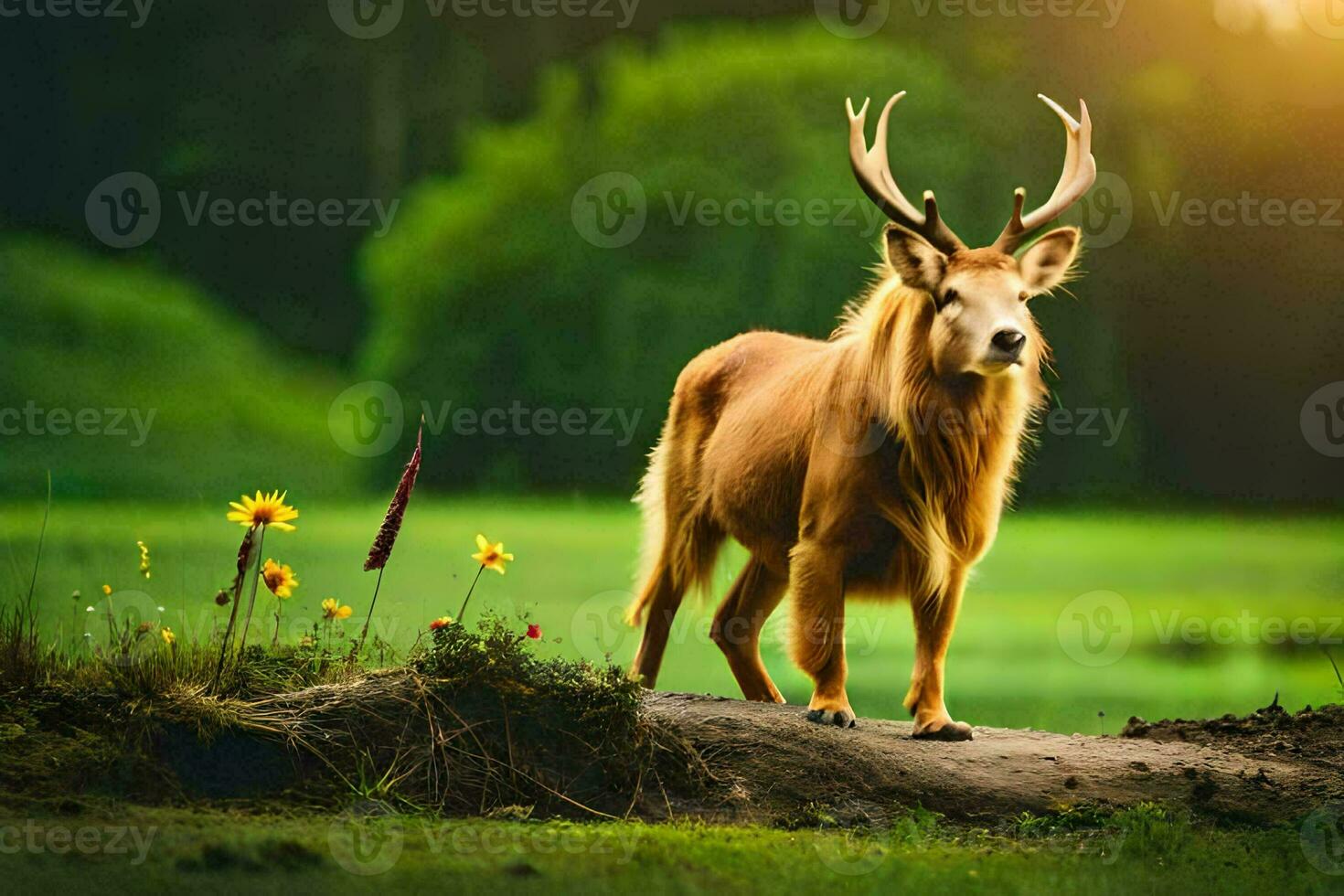 een hert staand Aan een log in de gras. ai-gegenereerd foto
